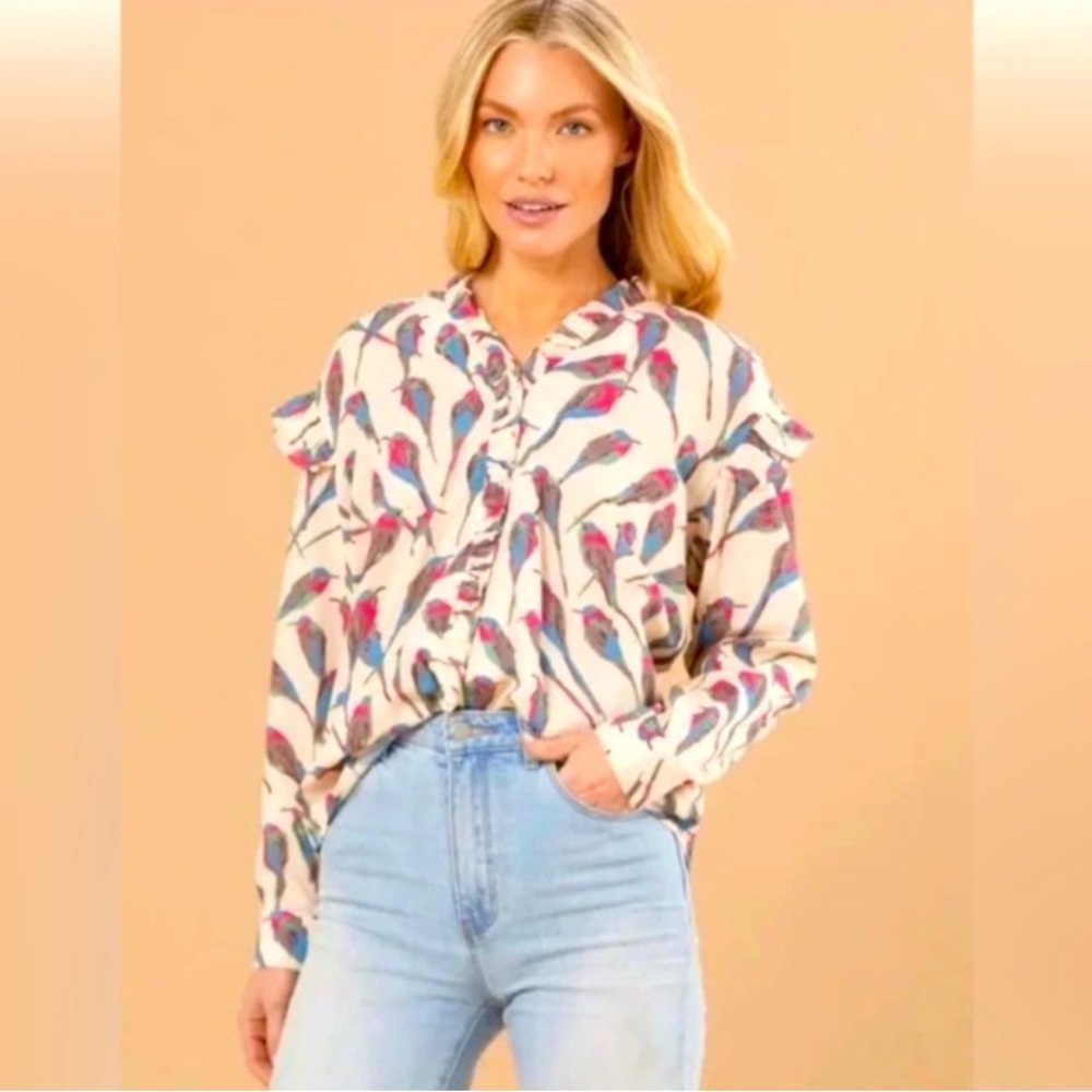 NWT! Sheridan French Devon Beige Blue Birds Blouse in Size XL.